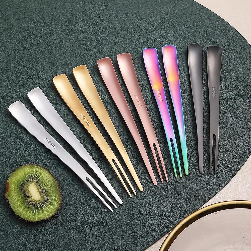 2in1 Obstgabel 304 Edelstahl Dessertgabel Lebensmittelqualität Mischlöffel Mini Fruchtspieß Perfekt für Kuchen Fisch Kaffee Eis