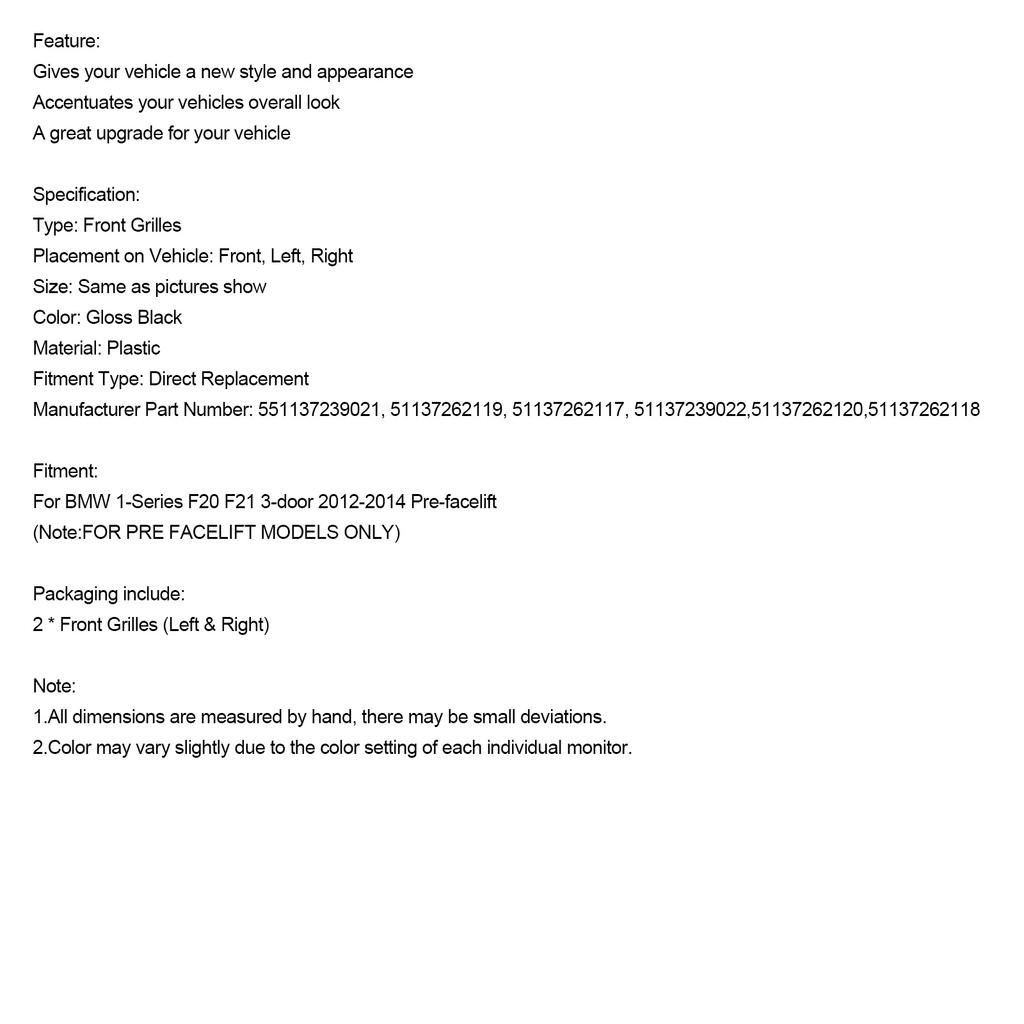 2PCS Front Bumper Kidney Grill Grille Fit BMW 1 Series F20 F21 2012-2014