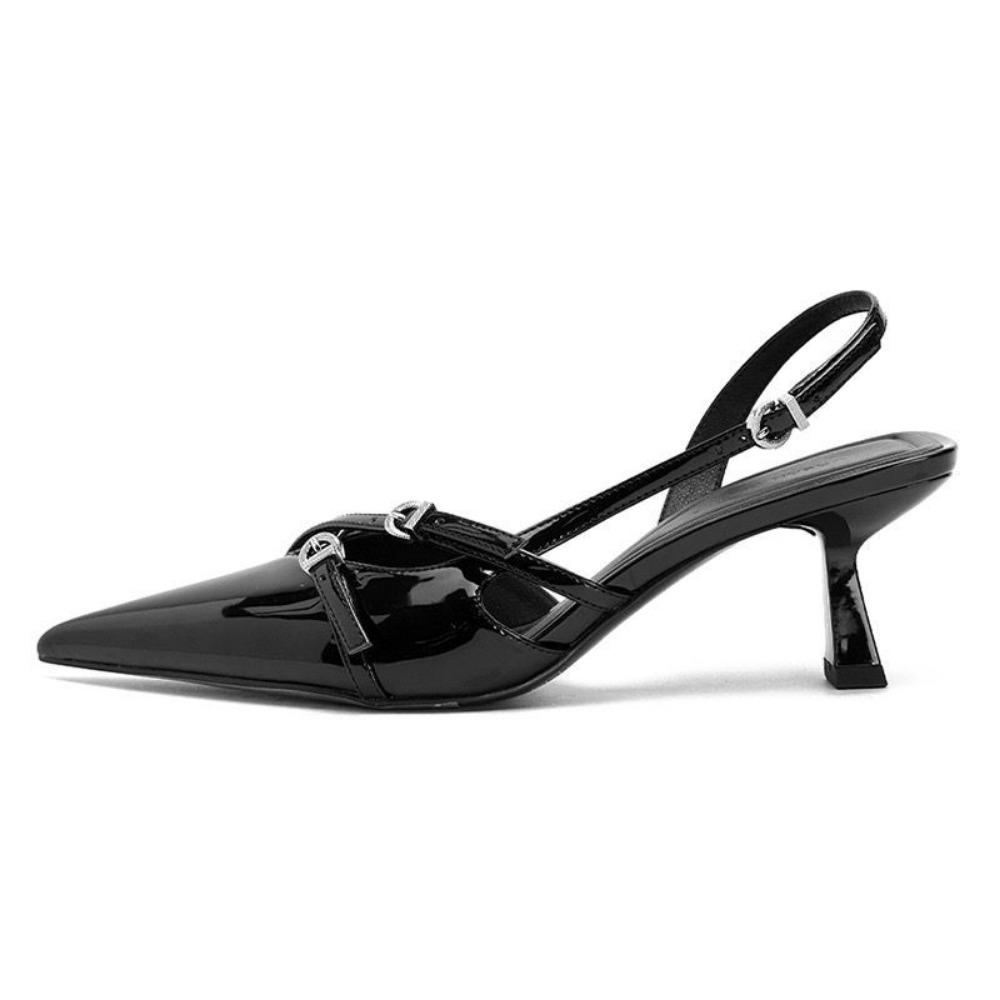 Fashion 2025 New Summer Women's Dress Shoes Patent Leather Slip on Pointed Toe Sandals Buckle Slingbacks Mid Heels Pumps Sandalias Mujer