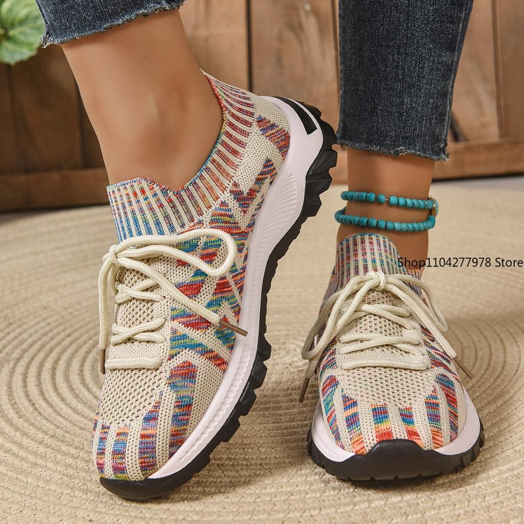 Fashion Ladies Outdoor Knitted 2025 New Women's Vulcanize Shoes Breathable Women Sneakers Mixed Colors Lace Up Casual Shoes Flats