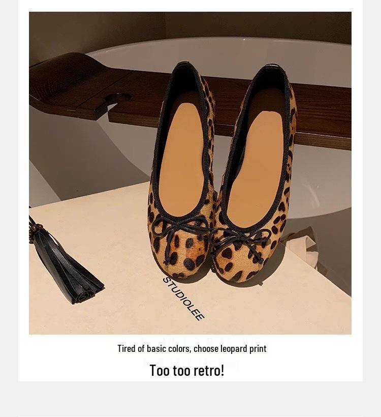 Grape Family Cowhide Pony Hair Leopard Print Bow Flats - Women’s Versatile Round Toe Casual Shoes