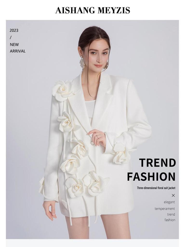 Jachetă Costum Casual cu Design Floral Alb 3D de Primăvară 2024