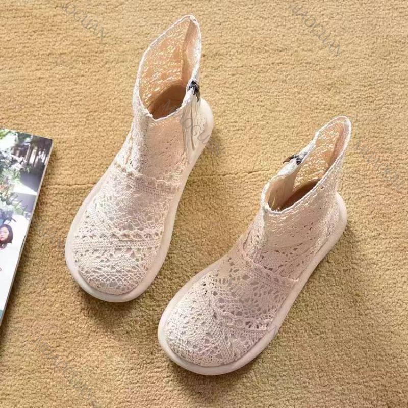 Fashion Summer Ankle Cool Boots Women's Knitted Cotton Hemp Hollow Mesh Sandals Ladies Comfortable Flat Bottom Soft Soled Botines Shoes