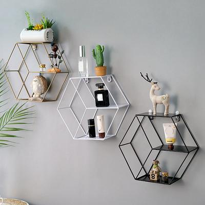 Estante de pared hexagonal de metal, estante de almacenamiento con tablero de madera, estantes de exhibición para cocina, sala, decoración del hogar