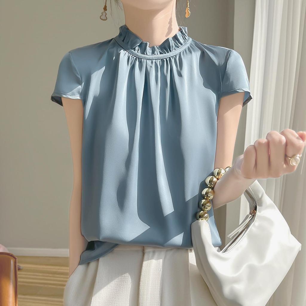 Blusen für Schlicht Kurz Steh Rüschen Groß Büro Schnitt und Rund Pendeln [Augseed] Damen, T-Shirts, Sommer, Ärmel, Kragen, Oberteile, Stilvoll, Hals,