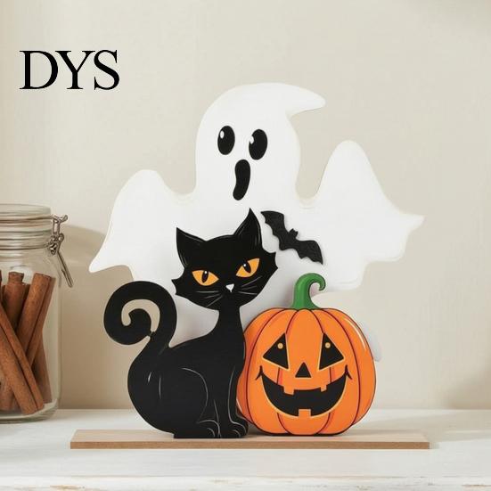 Holiday Window Display Items Halloween Table Decor, Wooden Black Cat Ghost Pumpkin Decorations Indoor Cute Small Signs Gifts, Room Decor for