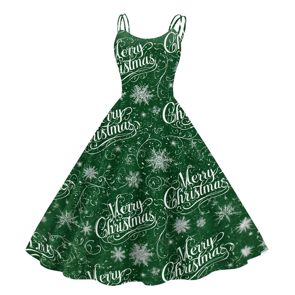 Damen Weihnachtsdruck Off-Shoulder Vintage Kleid für Weihnachtsfeier und Clubwear