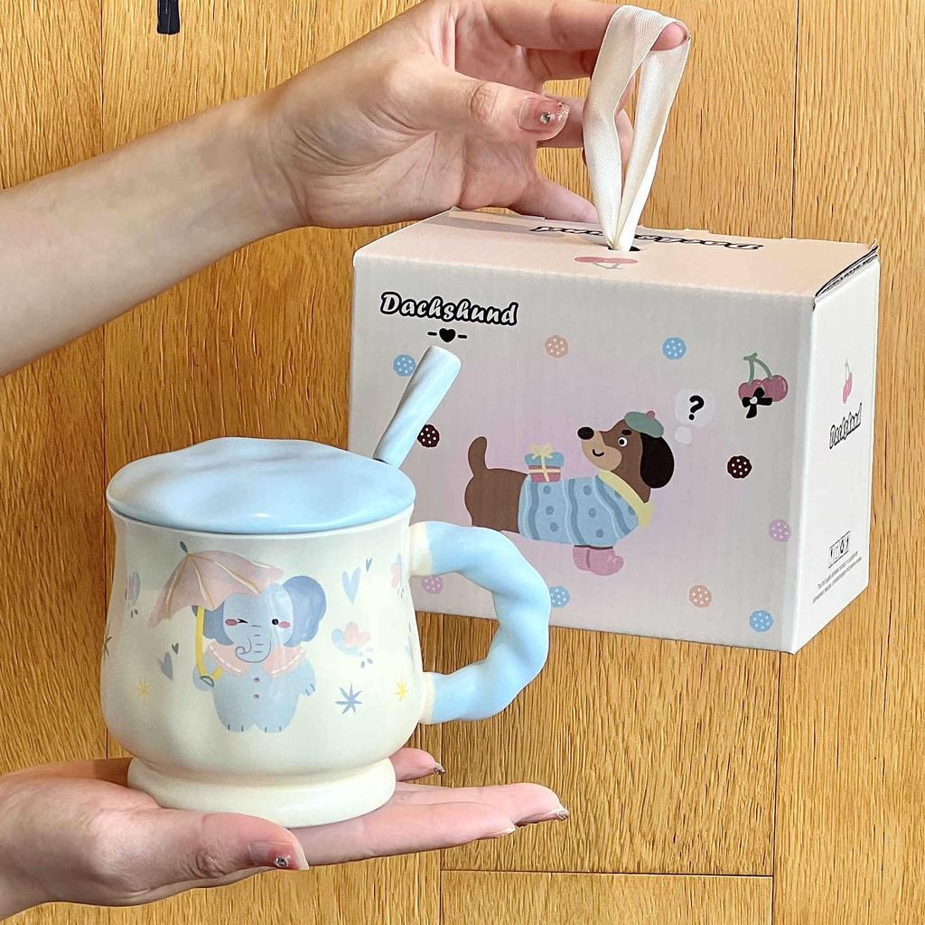 Cute Ceramic Mug Couple Cartoon Drinking Water Cup with Lid Spoon Office Coffee Cup Birthday Gift
