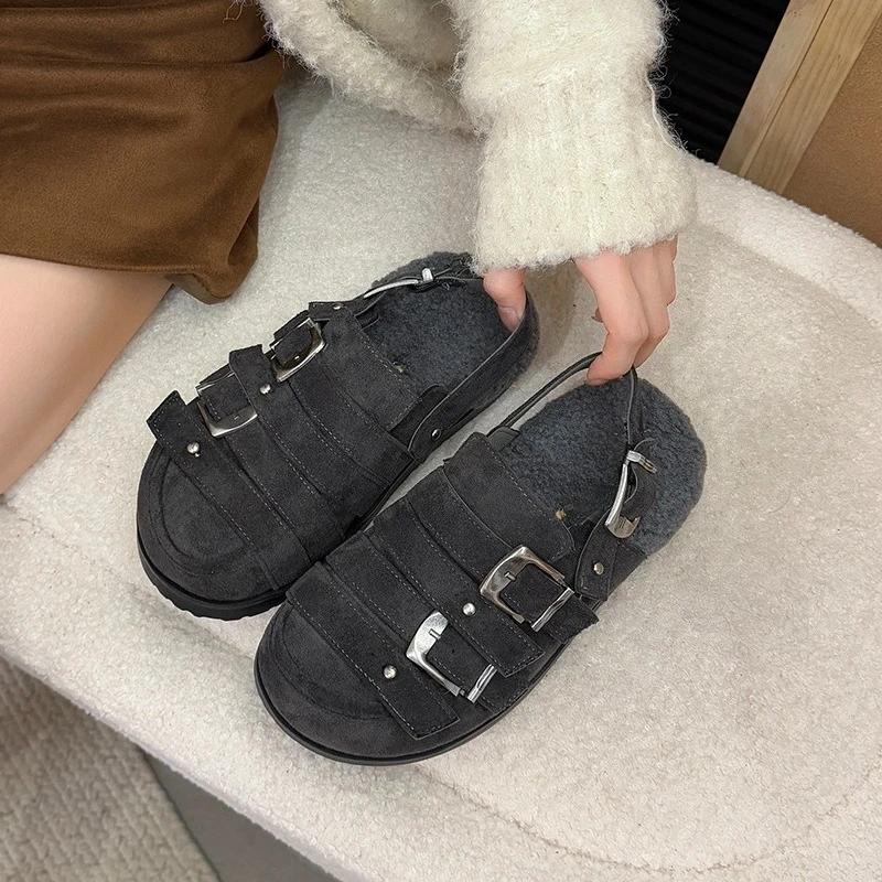 Autumn 2025 New Metal Buckle Big Head Lamb Wool Shoes Baotou Platform Slip-proof Semi-drag