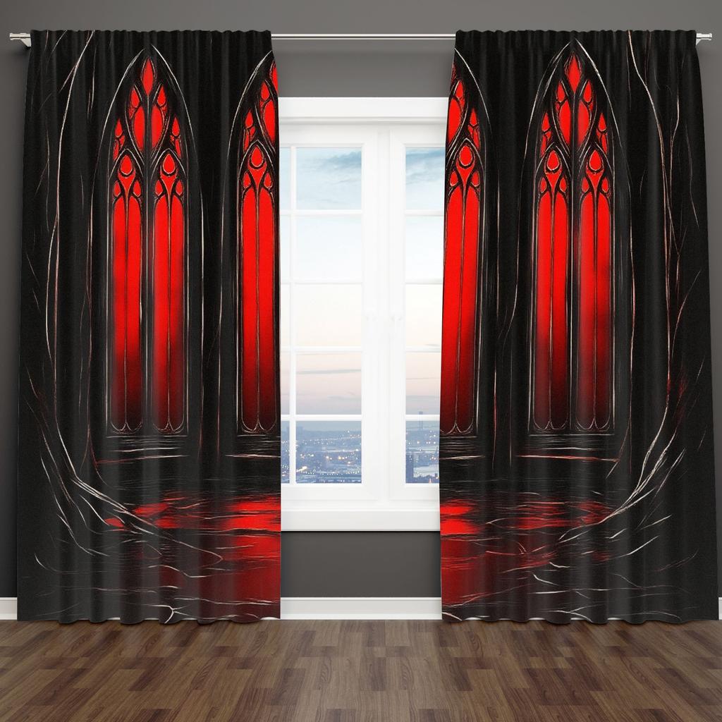 2Pcs Curtain Three Gothic Red Windows Window Drapes For Bedroom Living Room Decoration Window Treatment.