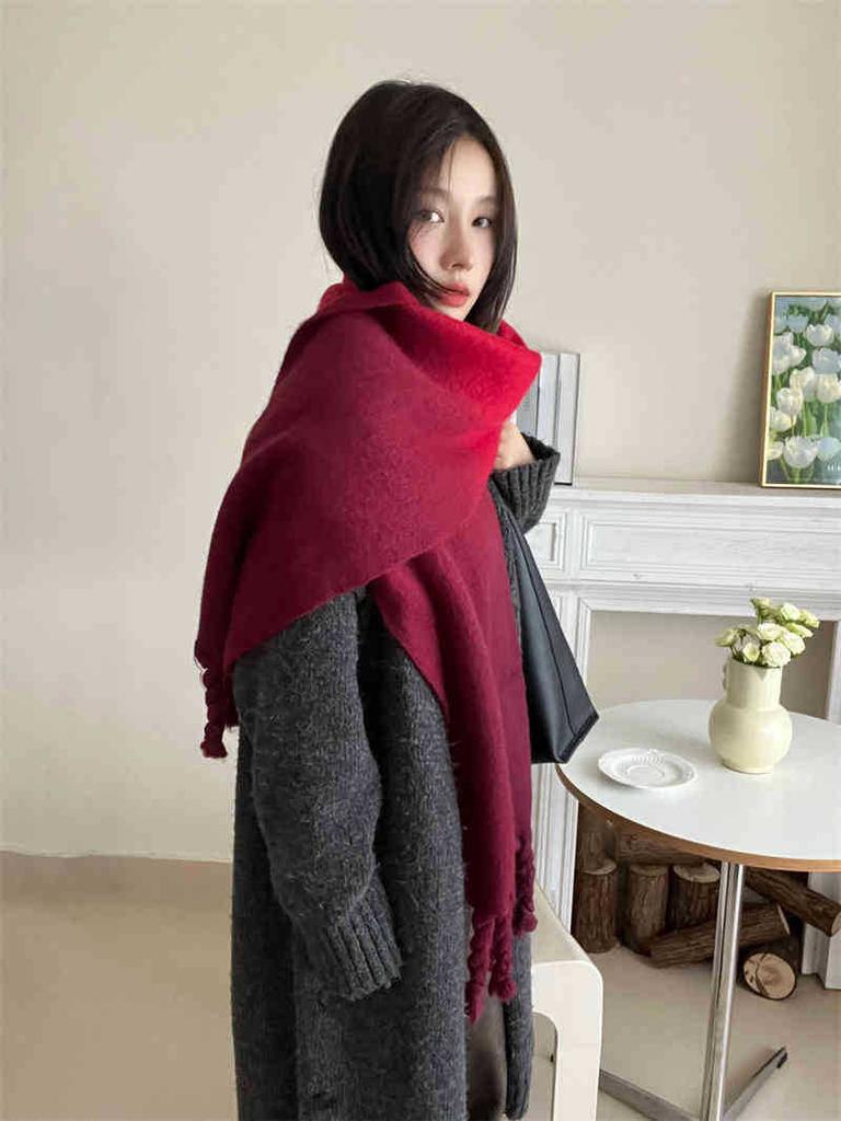 Encore Red Gradient Hanging Dyed Mohair Twist Braid Scarf Female Solid Color Couple Scarf Thick