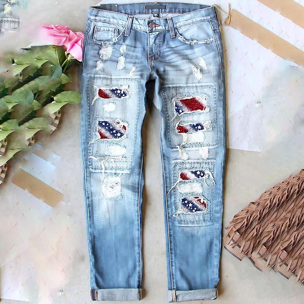 Women's Casual Fashion Printed Ripped Jeans - Trendy Distressed Denim Pants for Comfortable Everyday Wear