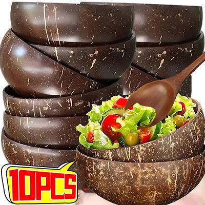 Juego de 10 cuencos de coco y cuchara de madera reutilizables. Cuencos de cáscara de coco natural para postres, yogur, ensaladas de frutas y vajilla de cocina.