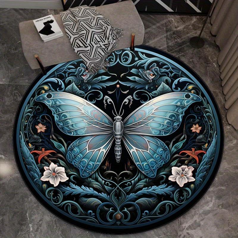 1pc Round Polyester Butterfly Rug - Non-Slip 3D Vintage Blue Art Deco Style Area Rug for Living Room, Bedroom - Crystal Velvet