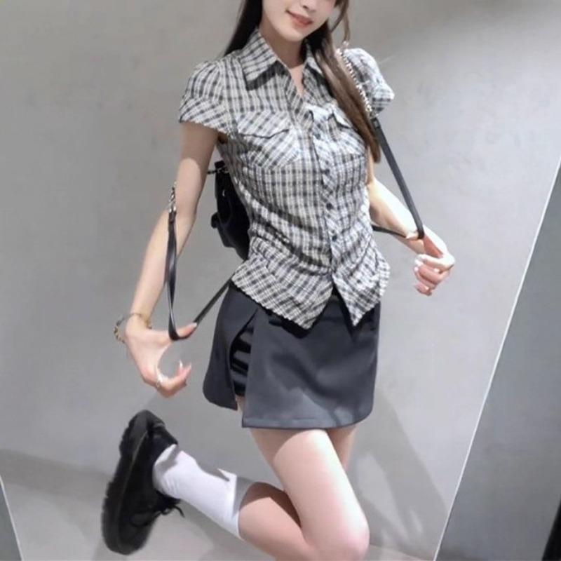 Retro Kariertes Kurzarmhemd für Damen Sommer Neues Temperament Hemd Slim Fit Top