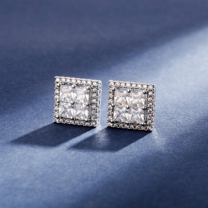 Hip Hop Square Threaded Earrings Men Full Zircon Stud Gold Plated Copper Ear Jewelry