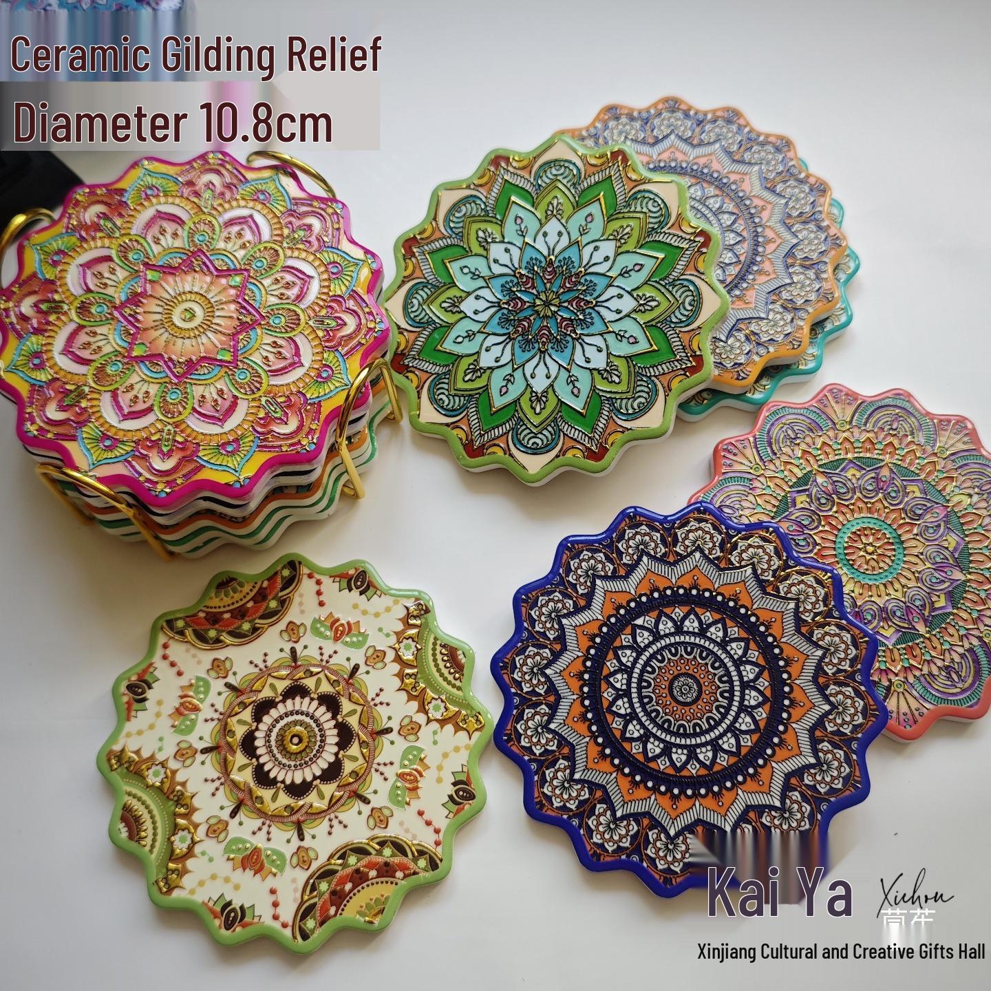 Керамическая подставка под стакан/кружку из Синьцзяна: Штампованная золотом, тисненая, нескользящая теплоизоляционная подставка, сувенир на память о поездке. Floral-5