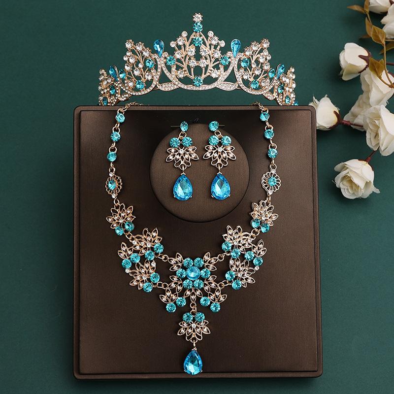 DIEZI Korean Sky Blue Crystal Crown Women Girls Headwear Luxury Bridal Bride Tiaras Necklace Earrings Wedding Party Jewelry Sets