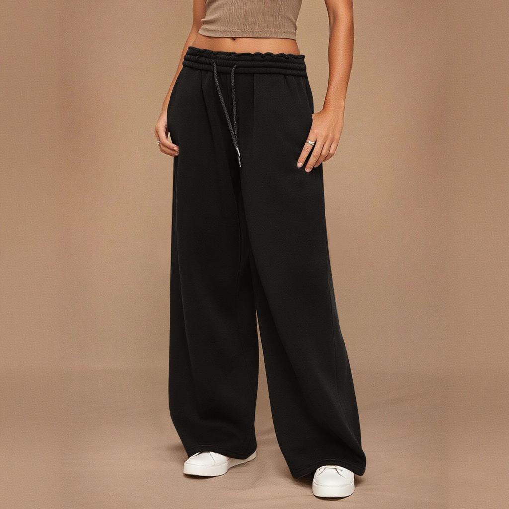 Dámské vlněné tepláky se širokými nohavicemi Zimní teplé sportovní kalhoty rovného střihu s kapsami