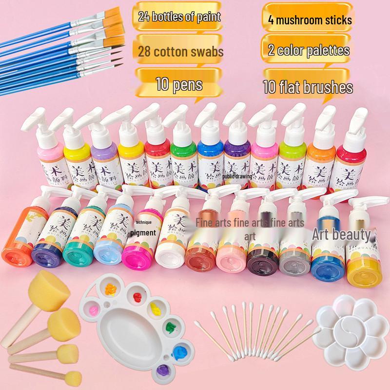 Kindergarten Art Set: 24 Gouache Colors & 12 Mushroom Brushes for Kids