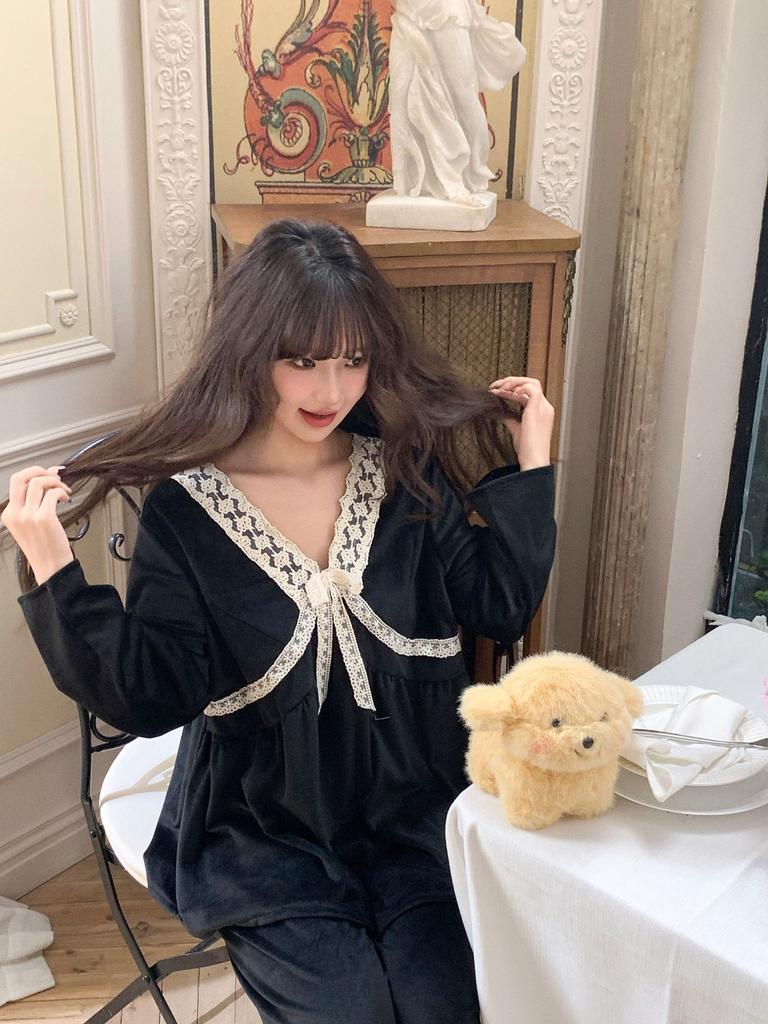 Korean new sweet and sexy long-sleeved home pajamas women's suit pajamas spring and autumn women's loungewear can be worn outside
