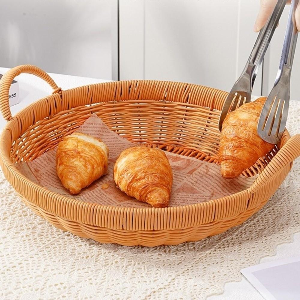 New Round Shape Rattan Basket with Handle Handwoven Storage Tray Portable Multi-purpose Storage Basket Tabletop Display