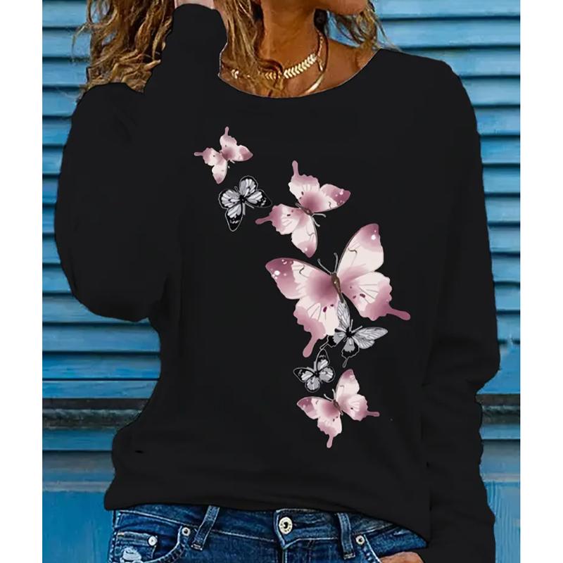

2025 Осень и Зима Женский Новый Повседневный Топ с Круглым Вырезом и Длинным Рукавом с 3D-Принтом Бабочек XS чёрный