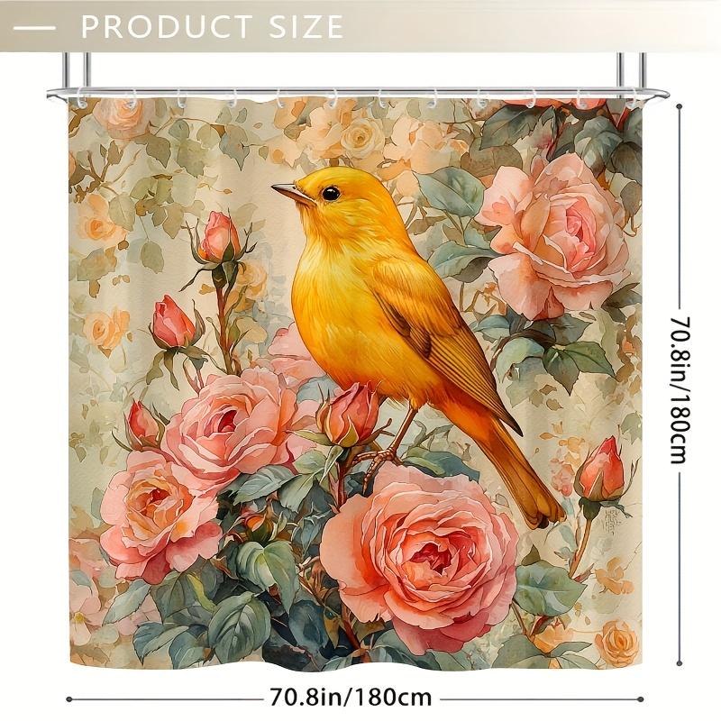 Blumen-Vogel-Duschvorhang - Lebendiger Gelber Vogel & Rosa Rosen, 71x71 Zoll Polyester, Handwäsche, Stilvolle Sommer-Badezimmerdekoration