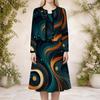 Damen Plus Size Rundhals Langarm Cardigan mit Galaxie-Print und Kleid Zweiteiliges Set