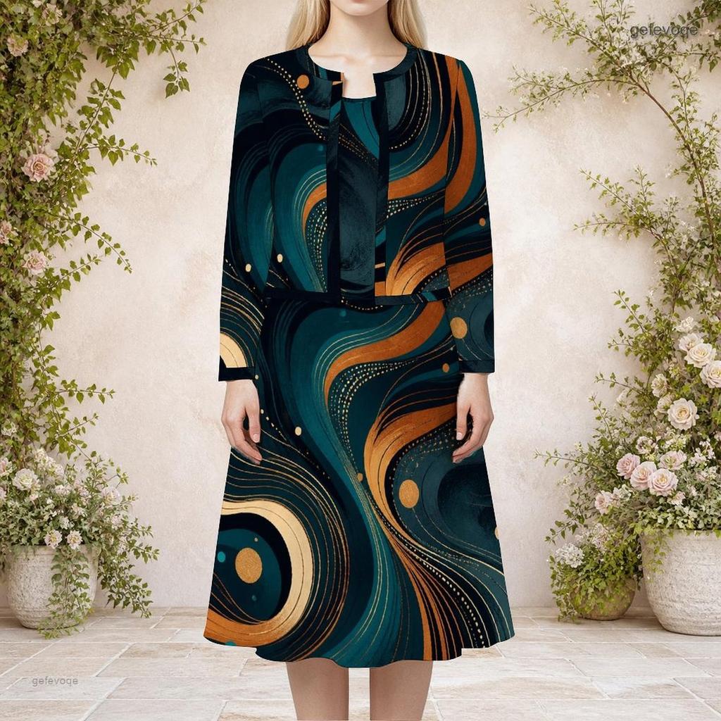 Damen Plus Size Rundhals Langarm Cardigan mit Galaxie-Print und Kleid Zweiteiliges Set