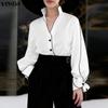 Womens Elegant Stand Collar V Neck Long Sleeve Contrast Trim Button Down Shirts Blouse