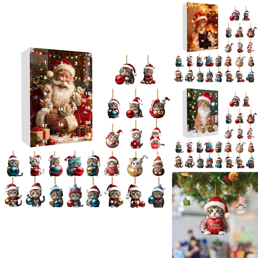 Christmas Countdown Calendar With Adorable Cat Acrylic Ornaments For Gift And Decor