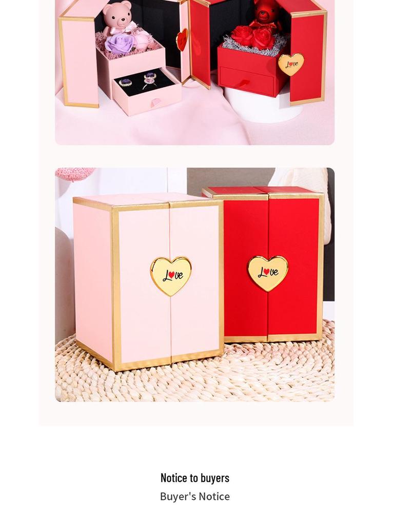 Caixa de Presente Ursinho Porta Dupla: Rosa Preservada e Gaveta de Joias para Aniversários e Dia dos Namorados