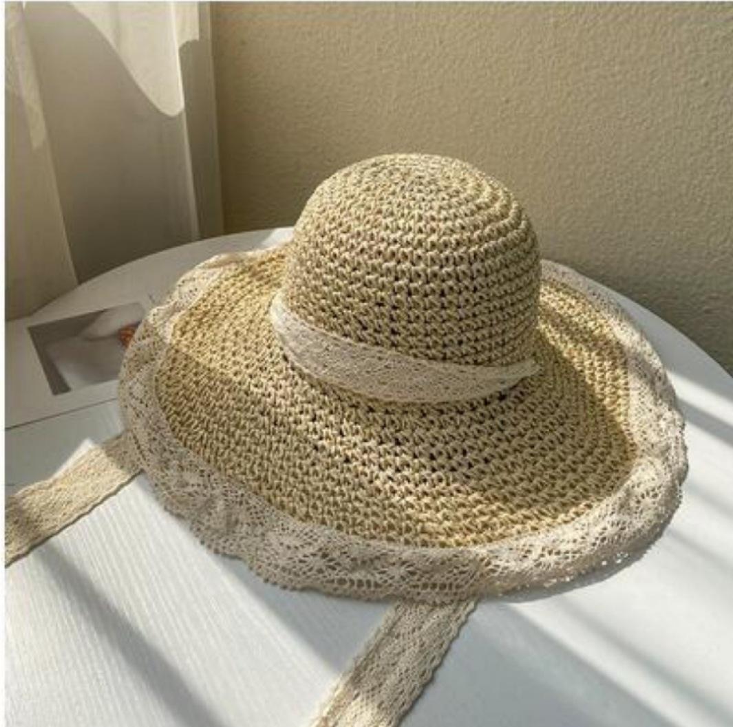 

Hat female tide summer travel handmade lace lace hollow small fresh windbreak rope crochet straw hat M（56-58cm） бежевий