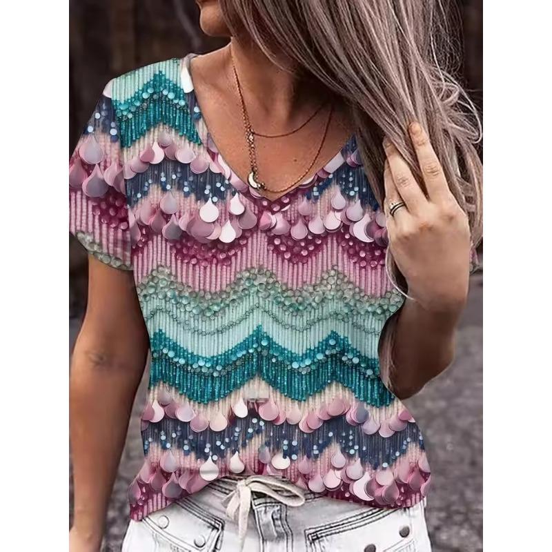 

Летняя женская мода Элегантная футболка с V-образным вырезом Сексуальная футболка Романтический стиль Свободный дизайн Блестки 3D-принт Топы XS