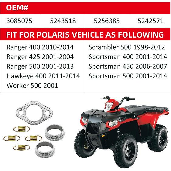 Auspuff Schalldämpfer Dichtung Dichtring Feder Überholsatz für Polaris 01-14 Sportsman 400 450 500 Ranger 400 425 500 Scrambler 500 Hawkeye 400 Worker 500