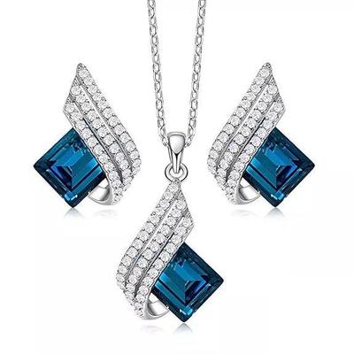 Colar com pingente de cristal banhado a platina com asas de anjo, conjunto de joias para presentes para mulheres e meninas (Azul)