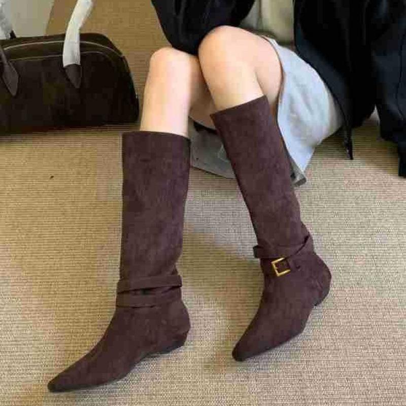 Retro pointed suede belt buckle but knee trouser boots women's long pile boots