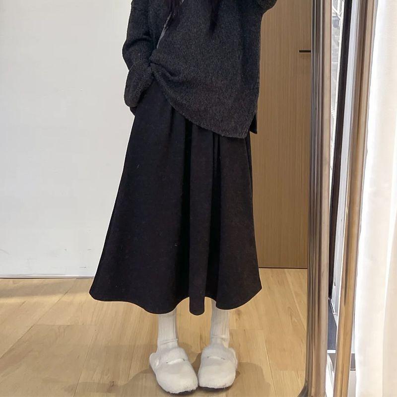 Women's Gray High-Waist A-Line Skirt - Spring/Autumn 2024, Slimming Mid-Length Umbrella Style for Students