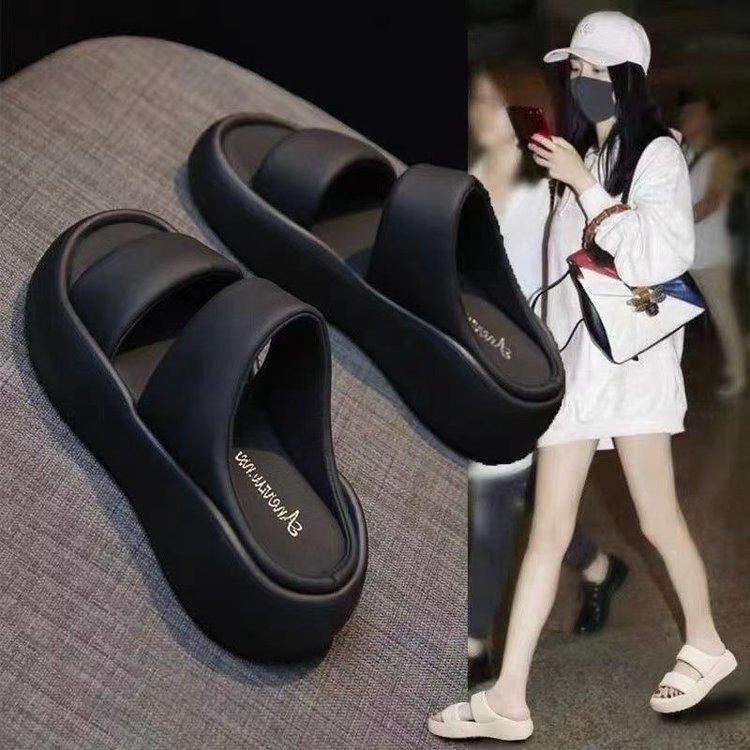 Muffin Platform Sandals Summer Wear New One-word with Open-toed Roman Shoes Beach Shoes