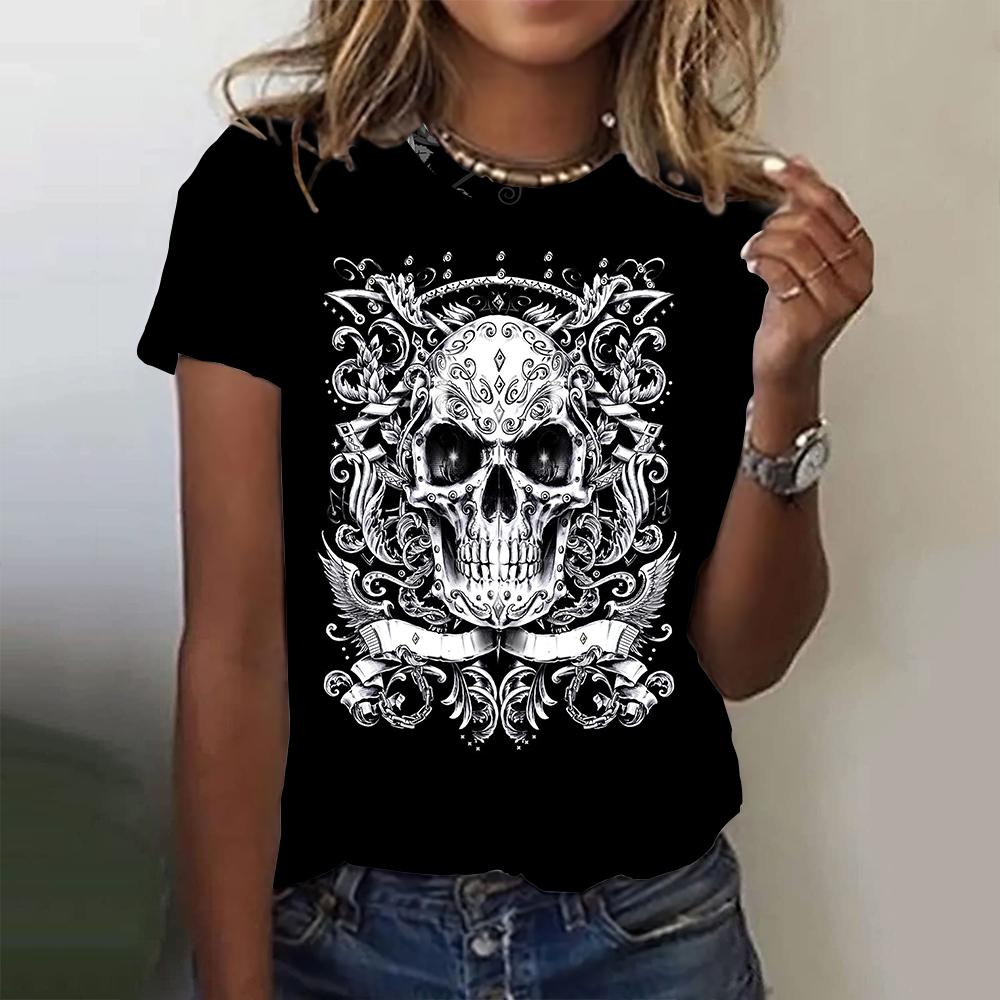 Fashion Women's T-shirts 3D Skulls Wings Print Short Sleeves Tees Summer Casual Trend Female Clothing Loose Tops Streetwear