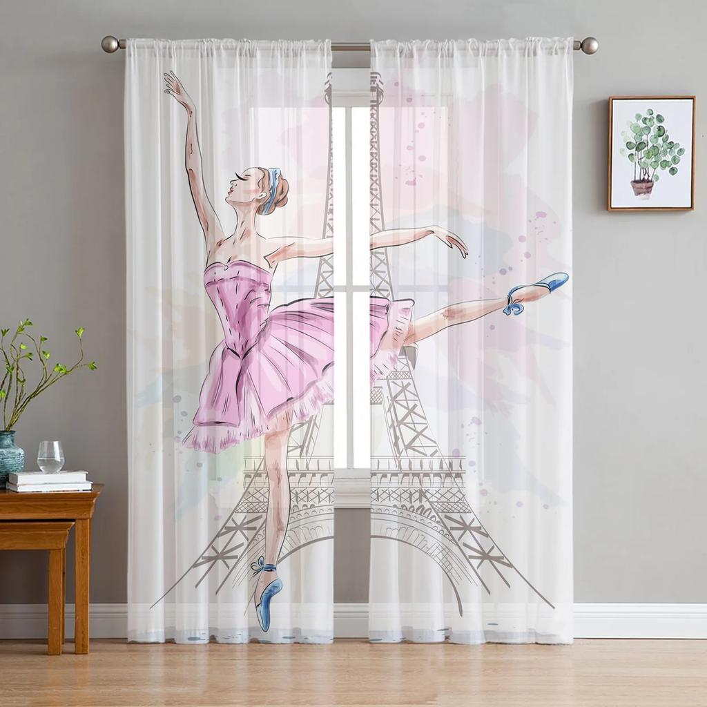 Ballet Dancer Girl Pink Flower Sheer Curtains Window Curtains for Living Room Bedroom Home Decor Cherry Blossoms Chiffon Curtain