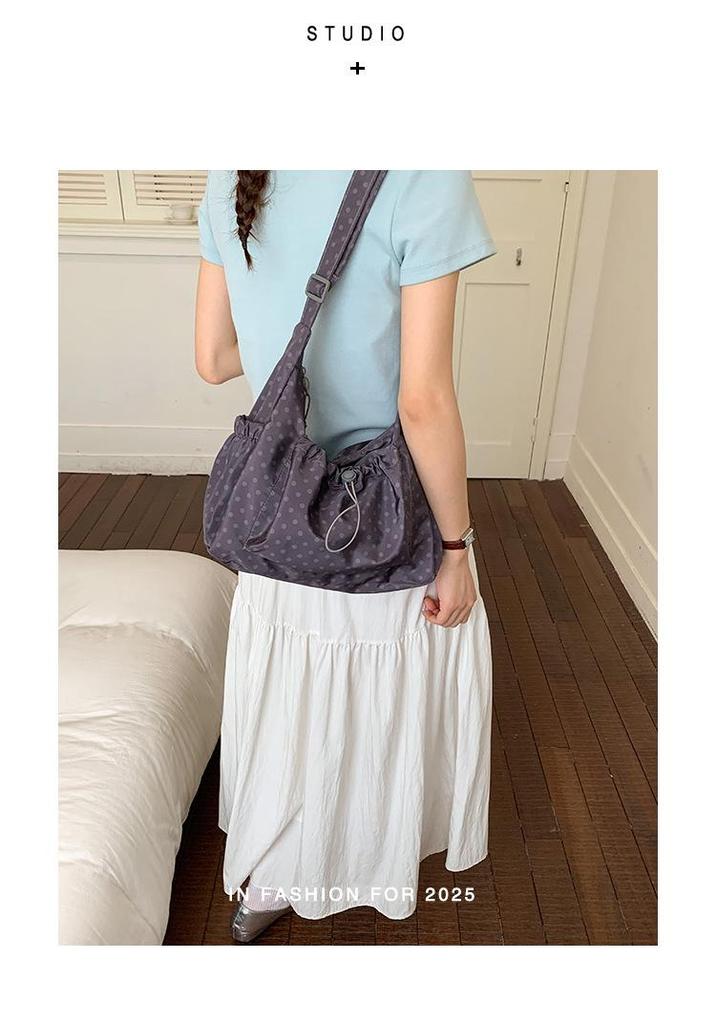 Korean Style Artistic Polka Dot Drawstring Pleated One-Shoulder Crossbody Bag for Women - Large Capacity, Portable, and Perfect for Commutes.