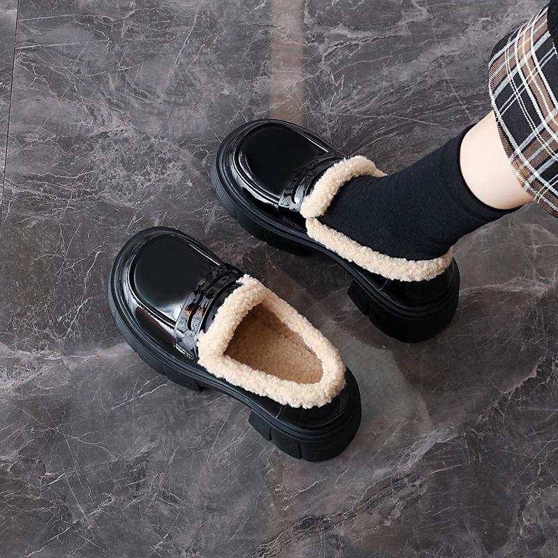 TUINANLE Winter New Plush Lined Loafers Women's Retro Chunky Platform Fluffy Leather Shoes Comfortable & Warm