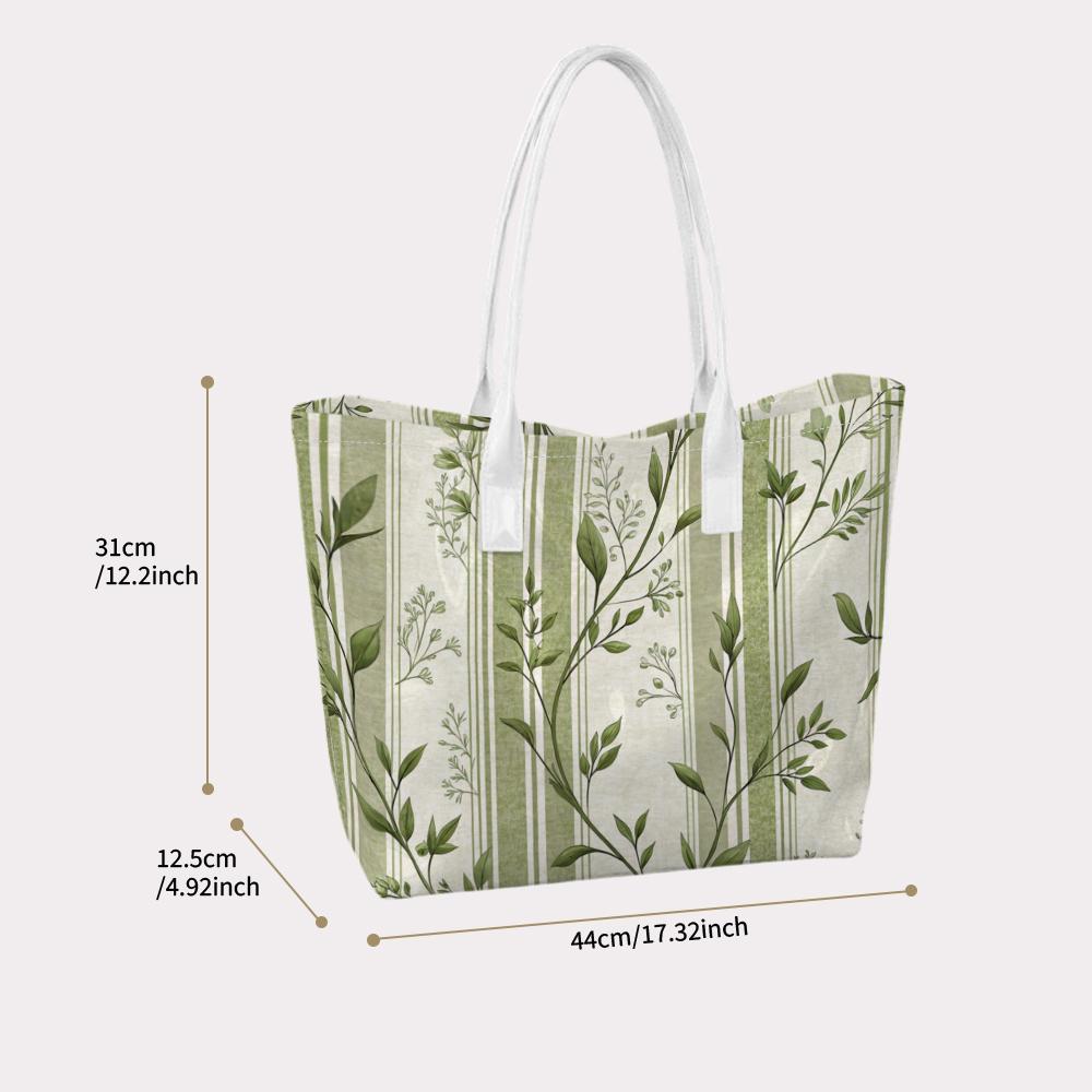 Elegant Green Leaf Striped Tote Bag Ladies Casual Daily Shoulder Bag