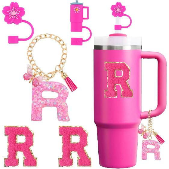 Cup Accessories Set for Stanley Cup 30oz 40oz tumbler with handle, Including Silicone Straw Topper Cover Cap, Handle Charm, Initials Sticker Fuchsia