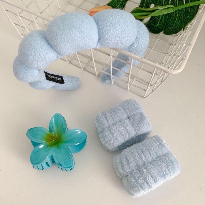 Frangipani Bubble Cloth Flannel Sponge Face Wash Waterproof Hair Band Hair Clip Set Cloud Headband