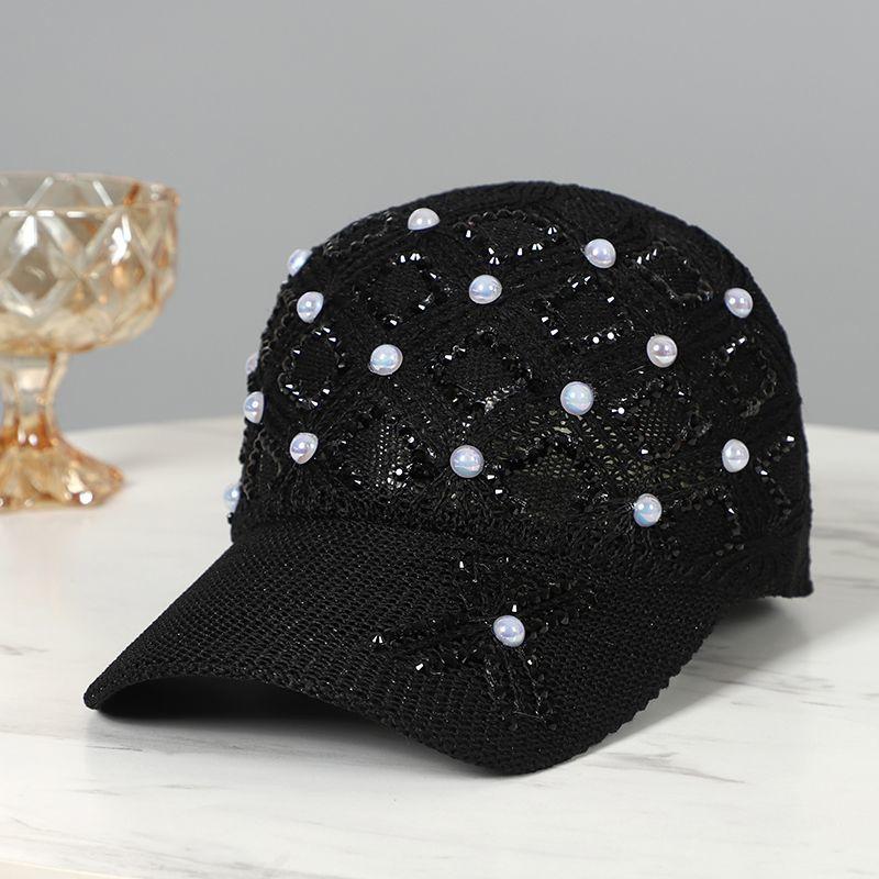 Dame vår sommer baseballcaps mote perle rhinestone rutete caps netting pustende solhatt