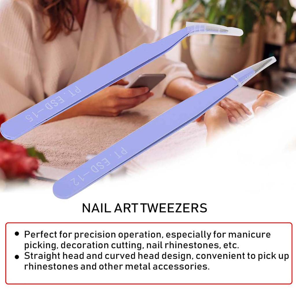 2Pcs Stainless Steel Nail Art Tweezers Anti static Straight Curved Manicure Tweezers Purple