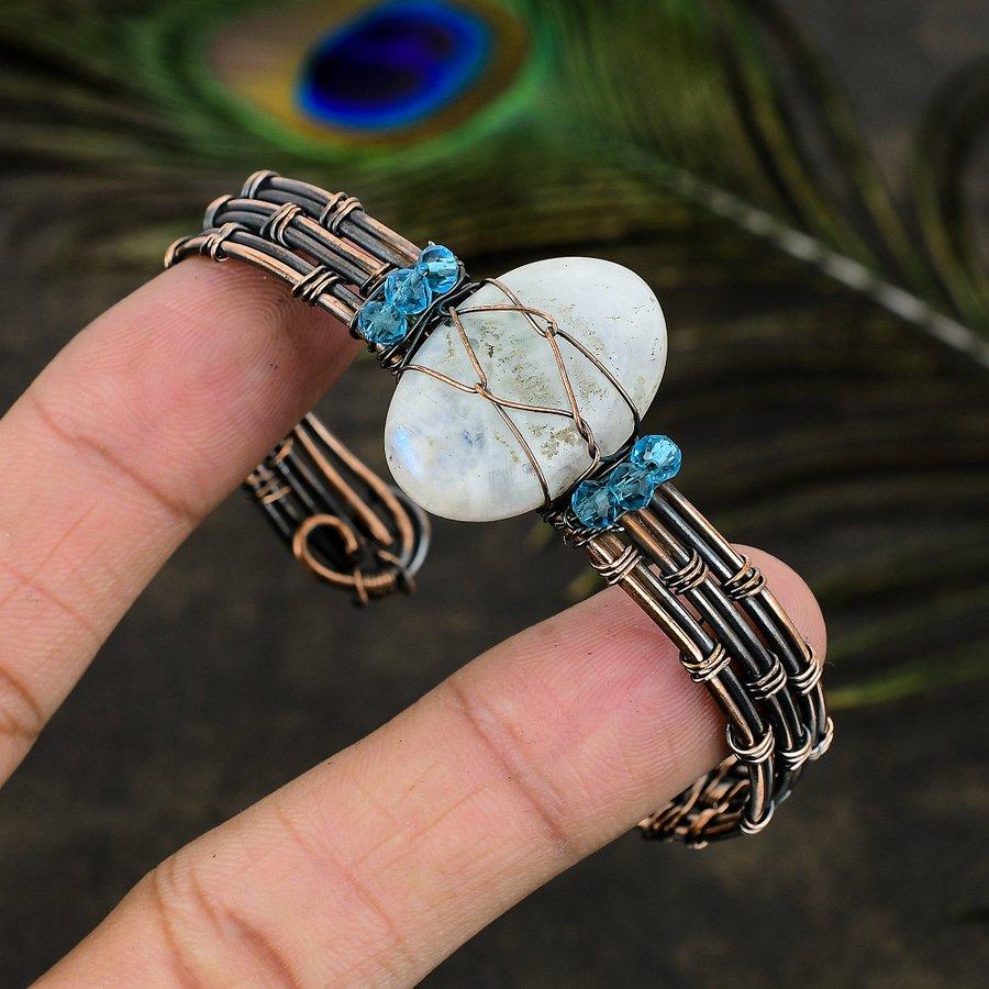 Brățară reglabilă din sârmă de cupru cu piatră prețioasă naturală curcubeu G1y79